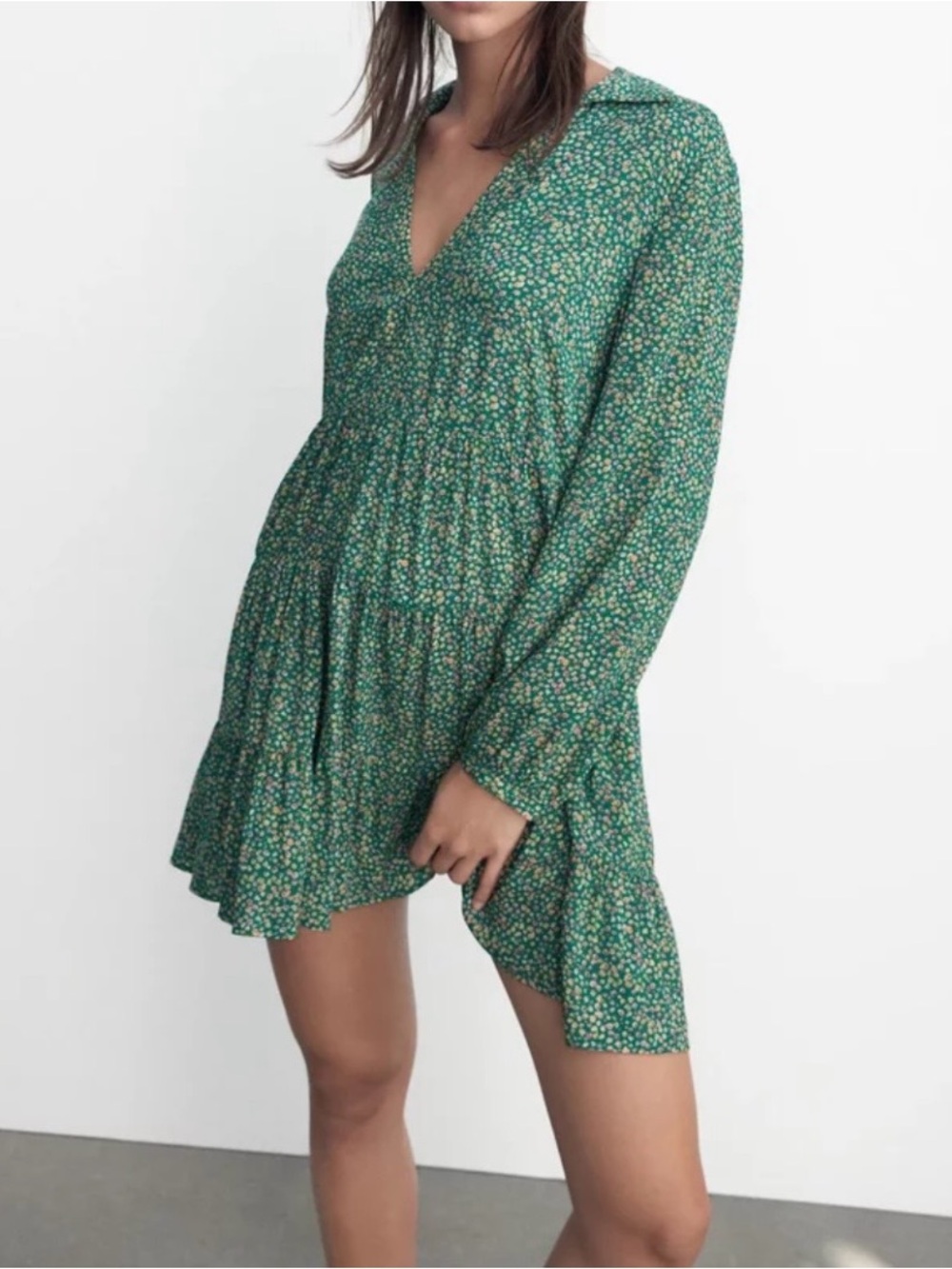 Zara Green Floral V-Neck Tiered Mini Dress (SKU823)